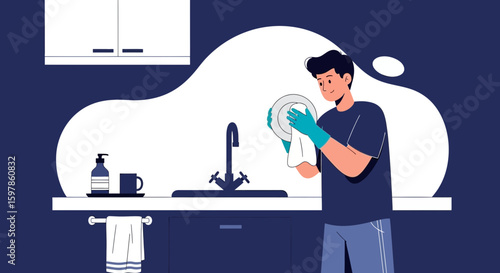 Man Doing Dishes At Home Illustration Shows Cleanliness And Order