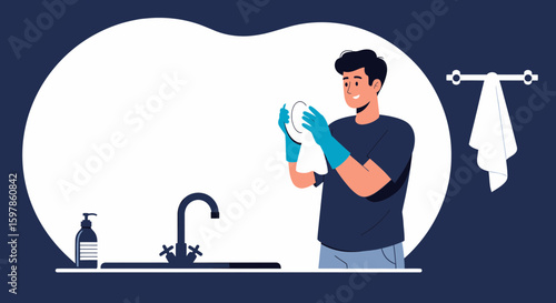 Man Doing Dishes Domestic Activity Routine Hygienic Work Illustration