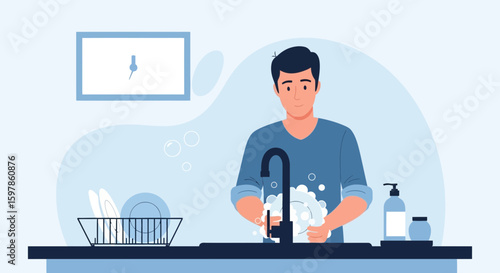 Man Doing Dishes In A Kitchen At Home As Part Of His Routine