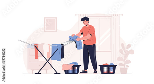 Man Doing Laundry At Home Using Clothes Rack For Drying Clothes In Basket
