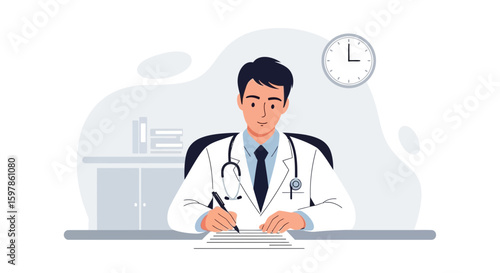 Doctor Writing Medical Report In Office Clinic With Clock And Books
