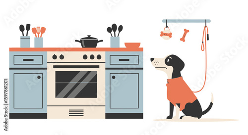 Dog Waiting Patiently In The Kitchen Hoping For Food Or Treats