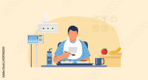 Man Eating Hospital Meal Patient Recovery Concept Graphic Illustration