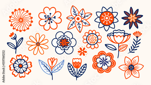 Trendy Floral Icon Illustration Set - Vintage Style Flowers Collection