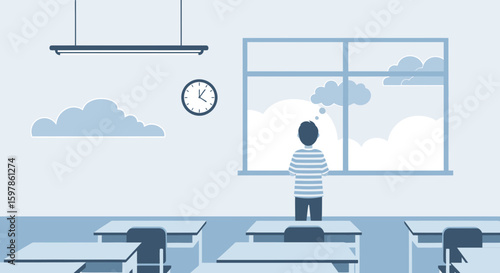 Dreaming Of Escape Boy In Classroom Gazing Out Window To Cloudy Sky