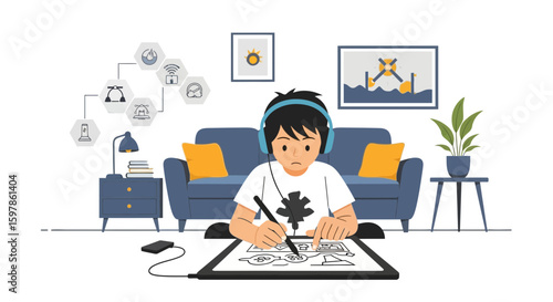 Boy Creating Digital Art From Home Using Graphics Tablet And Listening To Music