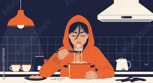 Cozy Evening Meal A Girl Enjoys Hot Noodles From A Pot In Her Kitchen
