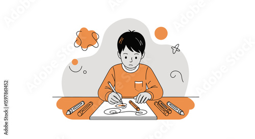 Boy Drawing At The Table Concentrating On His Art Work Creative Hobby