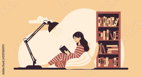 Cozy Evening Reading A Book In Comfortable Pajamas With Lamp Light