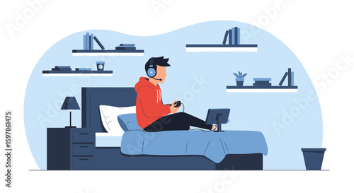 Gamer Relaxing On Bed Playing Video Game With Headset And Controller