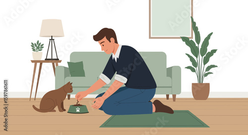 Man Feeding His Pet Cat At Home In A Cozy And Modern Interior Design