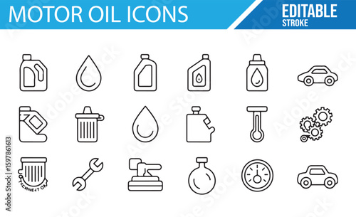 High-Quality Motor Oil Icons Featuring Bottles, Pumps, and Wrenches