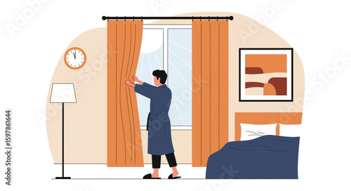 Early Morning Awakening Man Opens Curtains In A Stylish Bedroom Setting