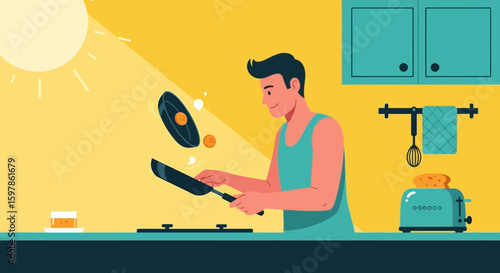 Man Flipping Pancakes In Kitchen During Sunny Morning Meal Preparation Concept