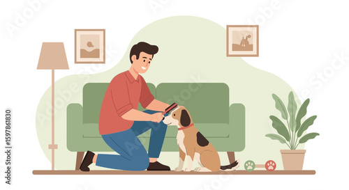 Man Grooming His Adorable Dog At Home With Gentle Care And Affection