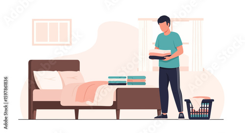 Man Handling Fresh Laundry And Arranging In Minimalist Interior Bedroom