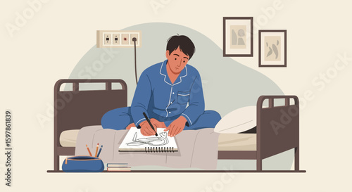 Boy Draws On Bed At Home Wearing Pajamas In Bedroom Creative Hobby