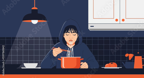 Cozy Evening With Noodles At Home In Minimalist Style Illustration