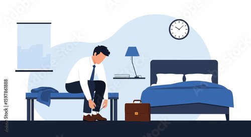 Getting Ready In The Morning For Work, Illustration Of A Businessman Tying His Shoes