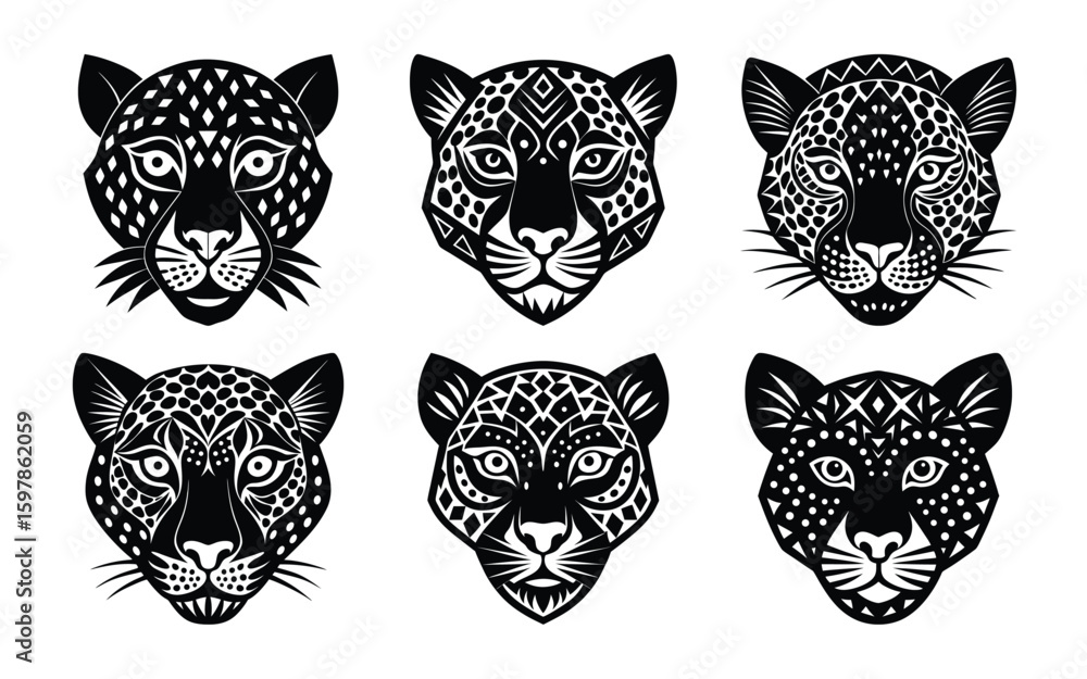 Obraz premium Vector art of six stylized cheetah and jaguar heads with patterns