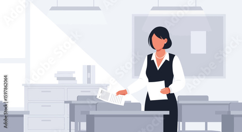 Educator In Classroom Preparing Student Papers For Next Lesson Presentation