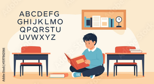 Boy Enjoying A Book In An Interior Setup Featuring Educational Elements