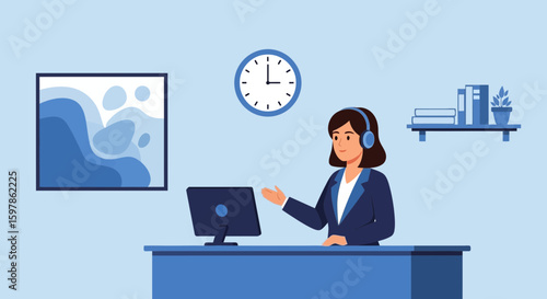 Efficient Customer Service Representative With Headset Working In An Office