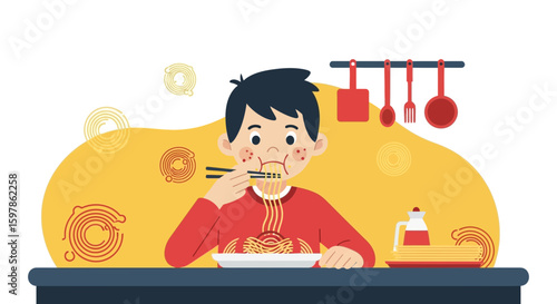Boy Enjoying Delicious Noodles At The Table With Kitchen Utensils Hanging