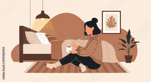 Cozy Moment Illustration Of A Woman Enjoying Coffee At Home With Warm Tones