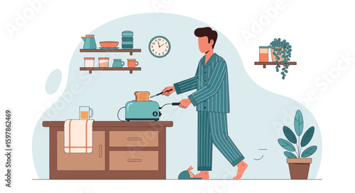 Man In Pajamas Making Toast In Kitchen Early In The Morning Vector Illustration