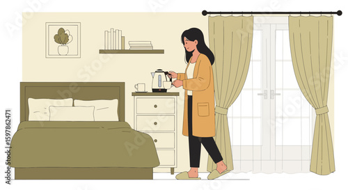 Cozy Morning Ritual Woman Pouring Tea Or Coffee In A Minimalist Bedroom