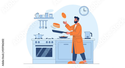 Man In Robe Cooking Pancakes In Kitchen During The Morning Hours