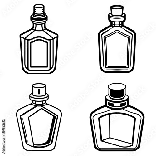 Four outlined perfume bottles with different shapes and caps isolated on a white background drawing style