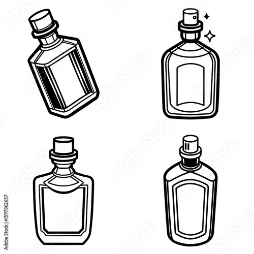 Illustration of four different perfume bottles with various shapes and stopper designs shown in black outline