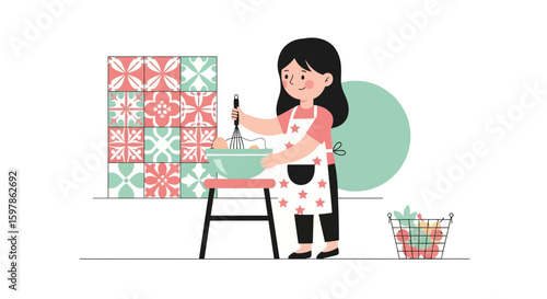 Girl Preparing Food In The Kitchen With A Basket Full Of Fruits Beside Her