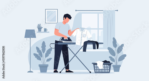 Man Ironing Clothes At Home In A Bright Room For Flat Styled Illustration