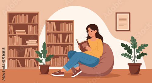 Girl Reading Book Relaxing On Beanbag Chair In Comfortable Home Interior
