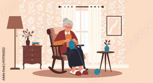 Elderly Woman Enjoying Knitting In Her Cozy Living Room At Home