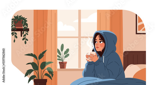 Cozy Morning Scene With Young Woman Enjoying Hot Drink At Home in Bed