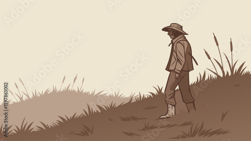 Illustration of man walking through field with hat and boots on a foggy day, sepia toned artwork