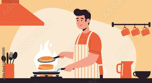 Man Is Cooking Pancakes In The Kitchen With A Happy And Cheerful Expression