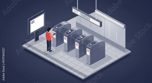 Passenger using a smartphone for contactless payment at a modern subway station turnstile. Isometric vector illustration of smart public transit.