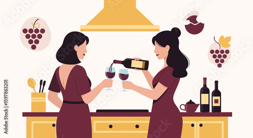 Elegant Ladies Sharing Red Wine In The Kitchen At Home Enjoying A Relaxing Time