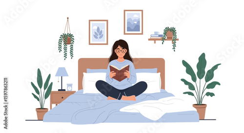 Girl Relaxing At Home Reading A Book In Her Cozy Bedroom Environment