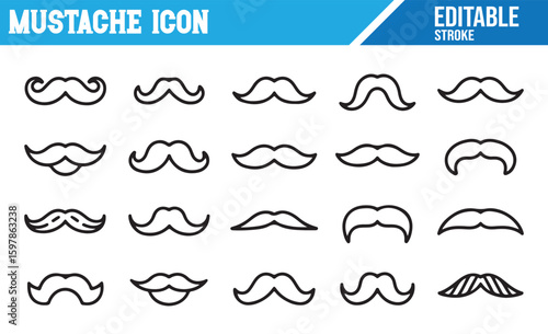 Set of Mustache Icons Featuring Various Styles and Shapes