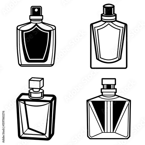 Illustration of four perfume bottles with different shapes and designs in black and white outline style