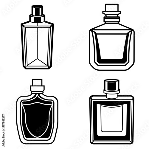 Illustration of four different perfume bottles with varying shapes and designs in a simple black outline