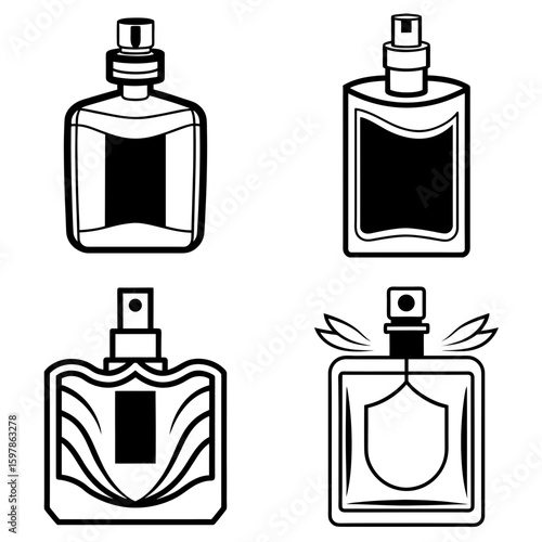 Four perfume bottles with different shapes and designs displayed in a simple black and white illustration