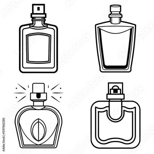 Illustration of four perfume bottles with different shapes and designs in black outline on a white background