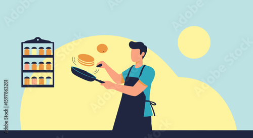 Man Making Pancakes At Home In Flat Vector Illustration Breakfast Preparation